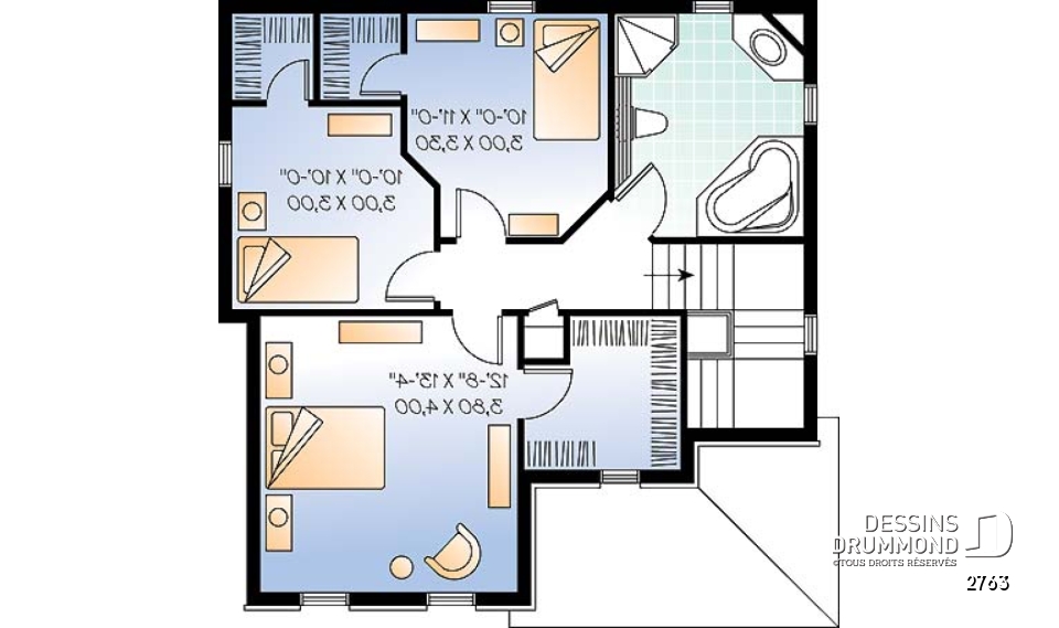 Étage - Plan de maison européenne, 3 chambres, salle de lavage au premier, balcon avant abrité - 
