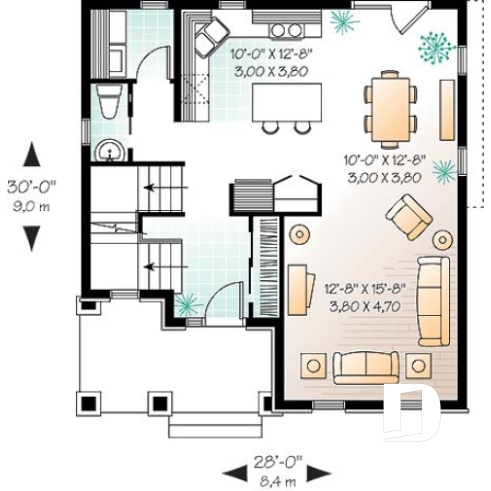 Rez-de-chaussée - Plan de maison européenne, 3 chambres, salle de lavage au premier, balcon avant abrité - 