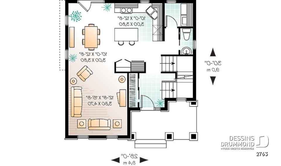 Rez-de-chaussée - Plan de maison européenne, 3 chambres, salle de lavage au premier, balcon avant abrité - 