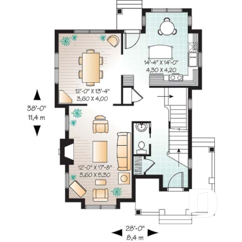 Rez-de-chaussée - Plan de maison Tudor, 3 chambres, grand salon avec foyer, coin déjeuner, suite des maîtres à l'étage - Aurogle