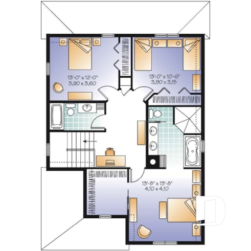 Étage - Plan de maison d'inspiration Tudor, 3 chambres, bureau, 2.5 salle de bain, suite des maîtres à l'étage - Flaubert 2