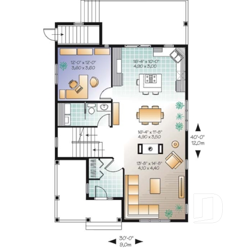Rez-de-chaussée - Plan de maison d'inspiration Tudor, 3 chambres, bureau, 2.5 salle de bain, suite des maîtres à l'étage - Flaubert 2