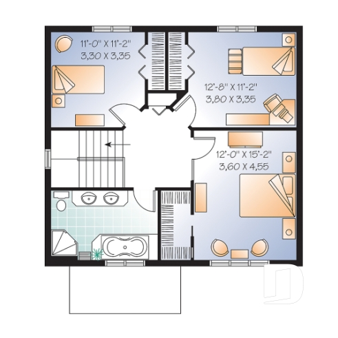 Étage - Maison à étage de 3 chambres, foyer, cuisine avec îlot et garde-manger, buanderie au rdc, style cape cod - Norway 
