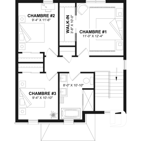 Étage - Plan de maison à étage style cottage anglais avec sous-sol optionnel au Québec. - Rougemont