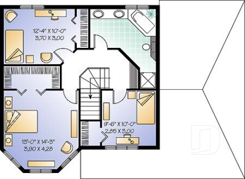 Étage - Plan de maison champêtre, belle lumière naturelle, abri d'auto, chambre des maîtres dans la tourrelle - Mahaleb
