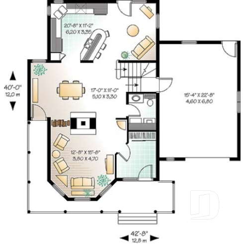 Rez-de-chaussée - Plan de maison victorienne 3 chambres, foyer deux faces, garage avec grand espace boni au-dessus  - Mathilde 