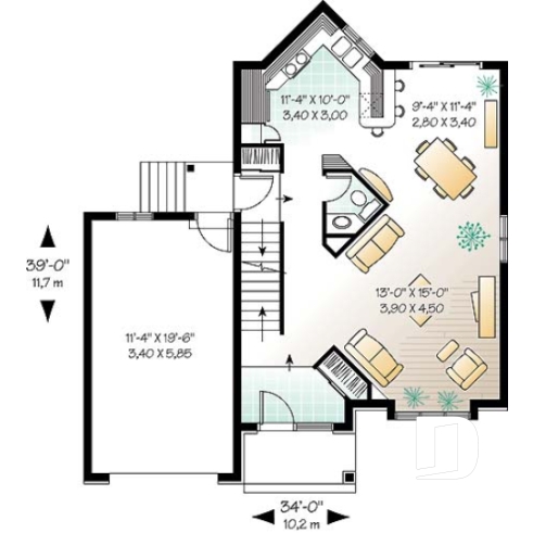 Rez-de-chaussée - Plan de maison à étage avec garage, 3 chambres, 1.5 salle de bain, grande salle de séjour, aire ouverte - Iseut