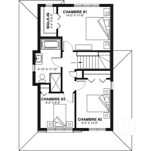 Étage - Plan de maison à étage 3 chambres, garage, grande cuisine, buanderie au rez-de-chaussée - Fabien