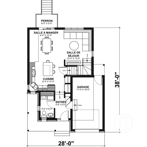 Rez-de-chaussée - Plan de maison à étage 3 chambres, garage, grande cuisine, buanderie au rez-de-chaussée - Fabien