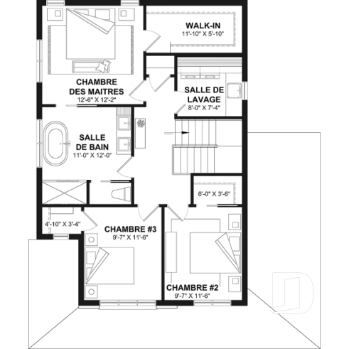 Étage - Plan de maison avec garage, 3 chambres, sous-sol non-fini à aménager, cuisine avec garde-manger - Fabien 2