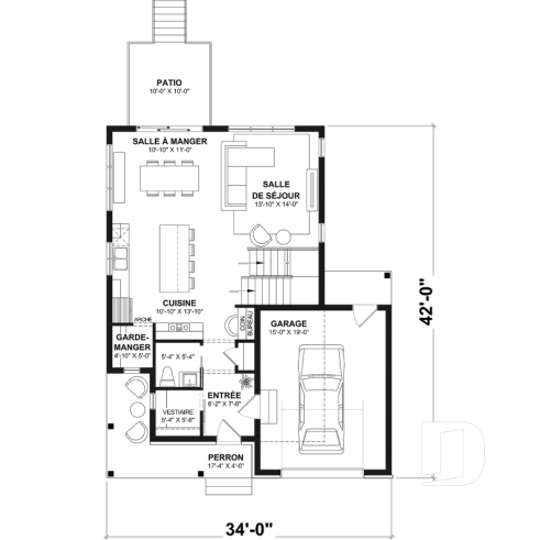 Rez-de-chaussée - Plan de maison avec garage, 3 chambres, sous-sol non-fini à aménager, cuisine avec garde-manger - Fabien 2