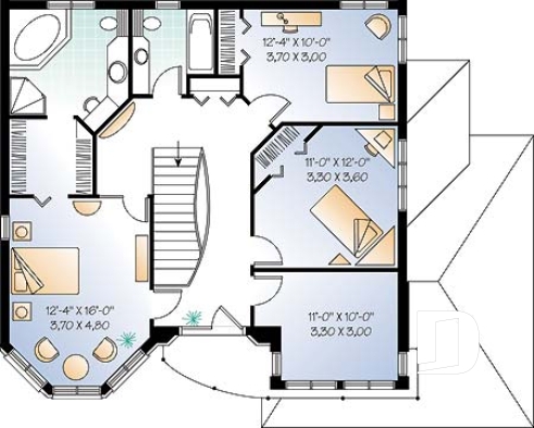 Étage - Plan de maison de style manoir avec 3 à 4 chambres, salle familiale et séjour - L'Européenne