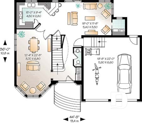 Rez-de-chaussée - Plan de maison de style manoir avec 3 à 4 chambres, salle familiale et séjour - L'Européenne