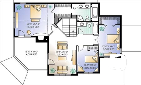 Étage - Plan maison champêtre 3 à 4 chambres, salle familiale à l'étage avec balcon et foyer, garage double - Heritage