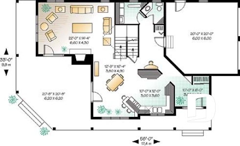 Rez-de-chaussée - Plan maison champêtre 3 à 4 chambres, salle familiale à l'étage avec balcon et foyer, garage double - Heritage