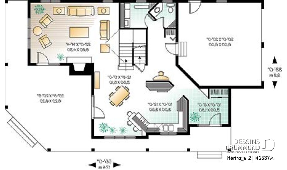 Rez-de-chaussée - Plan maison champêtre, terrasse à l'étage et balcon couvert sur 3 faces, 3 à 4 chambres, garage double - Héritage 2