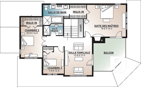 Étage - Plan maison champêtre, 3 chambres, garage double, 2 salons, foyer, plusieurs terrasses - Héritage 3