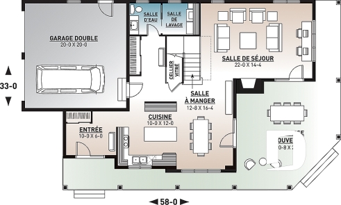 Rez-de-chaussée - Plan maison champêtre, 3 chambres, garage double, 2 salons, foyer, plusieurs terrasses - Héritage 3