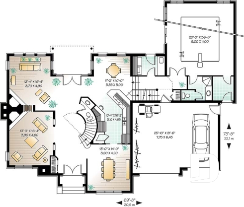 Rez-de-chaussée - Plan de maison 4 chambres sur même étage, piscine intérieure, garage double, grand pièce boni, foyers - Pacifica