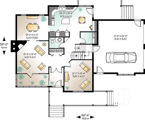 Rez-de-chaussée - Plan de maison champêtre américaine, solarium, 3 à 4 chambres, garage double, espace boni au-dessus du garage - Rosie 2