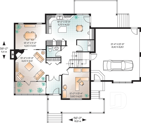 Rez-de-chaussée - Plan de maison Craftsman 3 à 4 chambres, bureau à domicile, solarium, garage double, foyer, salle à manger - Rosie 3