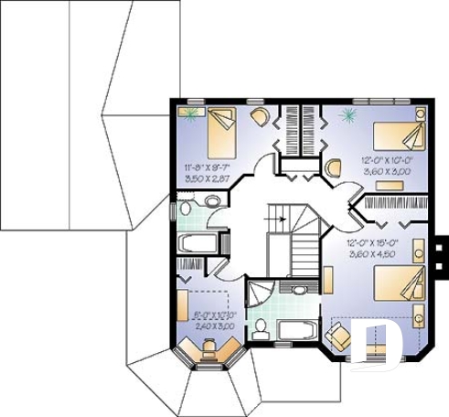 Étage - Plan maison style victorien, 3 chambres, 2 bureaux, coin déjeuner, foyer au séjour, vestiaire, garage - Jacob