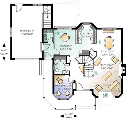Rez-de-chaussée - Plan maison style victorien, 3 chambres, 2 bureaux, coin déjeuner, foyer au séjour, vestiaire, garage - Jacob