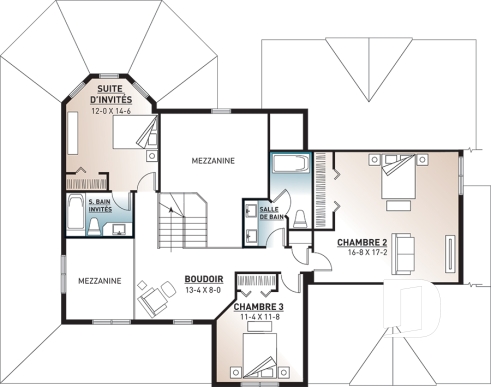 Étage - Plan de cottage 4 chambres avec suite des maîtres au r-d-c, grande cuisine avec coin déjeuner, 2 salons - Tristan 2