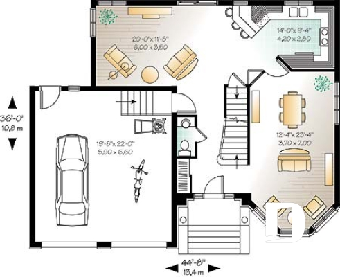 Rez-de-chaussée - Plan de maison avec 2 salles familiales, 3 chambres, grand walk-in aux maîtres, garage double - Garrison