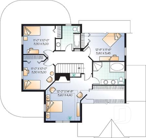 Étage - Plan de maison farmhouse américaine, 4 chambres, garage double, suite maîtres, solarium, plafond 9' - Hirondelle 3