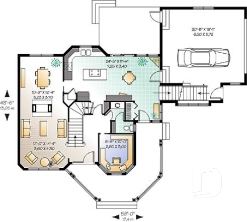 Rez-de-chaussée - Plan de maison 3 chambres, bureau, garage double, plafond 9' au rdc., grand espace boni, foyer deux faces - Portico