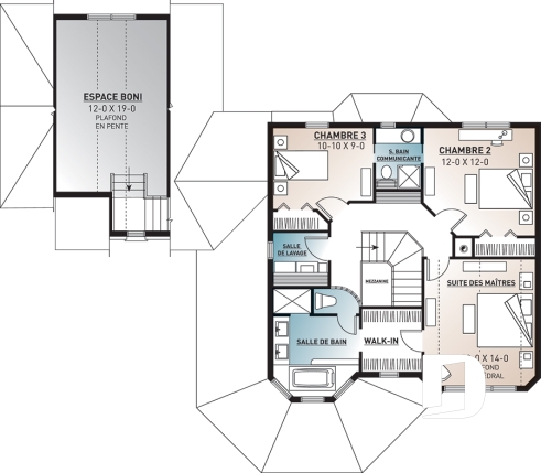 Étage - Plan de maison 3 chambres, garage double, grande cuisine, bureau, foyer double face, espace bonus - Portico 2