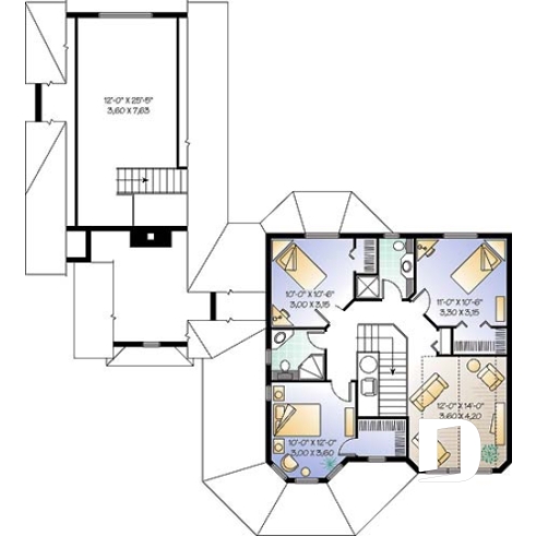 Étage - Plan de cottage Victorien, salle à manger avec coin détente, îlot cuisine, 4 à 5 chambres, plafond cathédrale - Portico 4