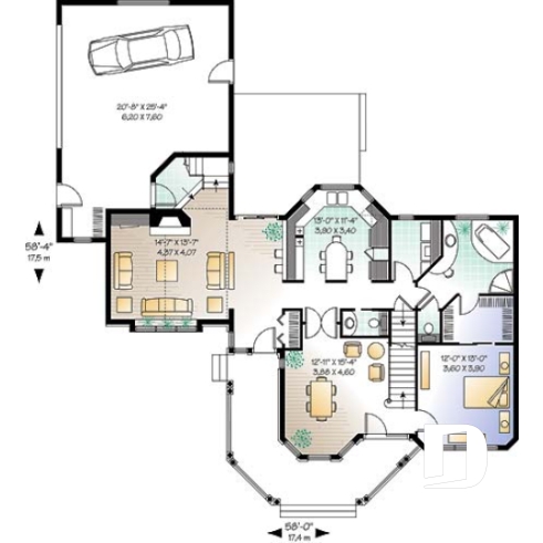 Rez-de-chaussée - Plan de cottage Victorien, salle à manger avec coin détente, îlot cuisine, 4 à 5 chambres, plafond cathédrale - Portico 4
