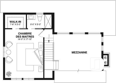 Étage - Plan de chalet panoramique, chambre des maîtres à l'étage, mezzanine, cuisine avec îlot, plafond cathédrale - Montgenot