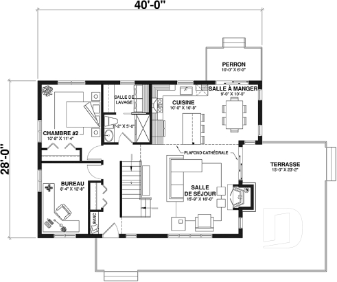 Rez-de-chaussée - Plan de chalet panoramique, chambre des maîtres à l'étage, mezzanine, cuisine avec îlot, plafond cathédrale - Montgenot