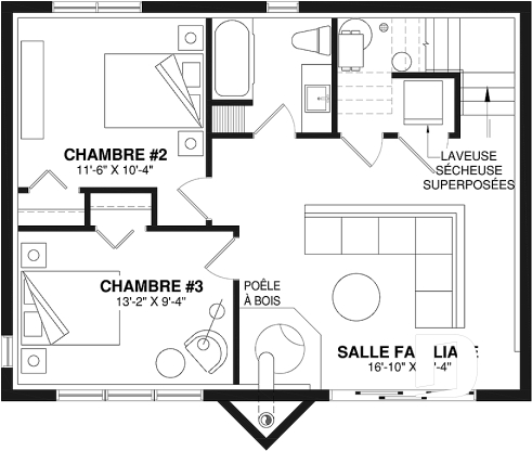 Sous-sol - Plan de chalet de ski avec plafond cathédral, 3-4 chambres, foyer, grande terrasse et rangement - Daméric 2