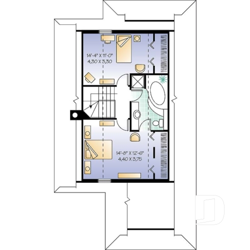 Étage - Plan de chalet 3 chambres, 2 salles de bain, aire ouverte, foyer, abri moustiquaire, buanderie au premier - Baldor