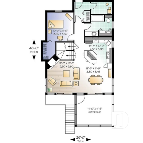 Rez-de-chaussée - Plan de chalet 3 chambres, 2 salles de bain, aire ouverte, foyer, abri moustiquaire, buanderie au premier - Baldor