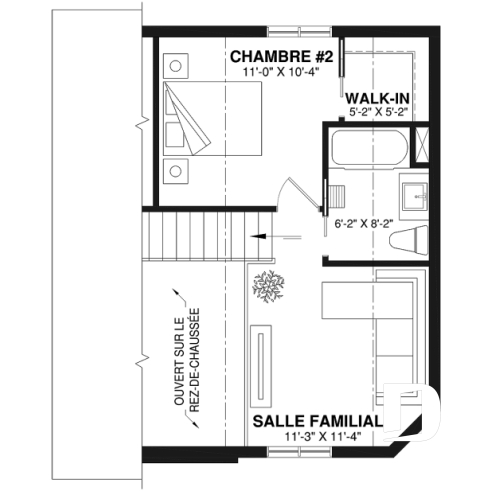 Étage - Plan de petite maison abordable, 2 à 3 chambres, belle fenestration, cathédrale et mezzanine - Joice