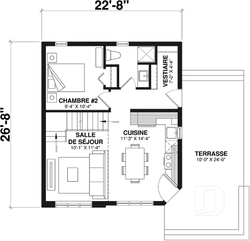 Rez-de-chaussée - Plan de petite maison abordable, 2 à 3 chambres, belle fenestration, cathédrale et mezzanine - Joice