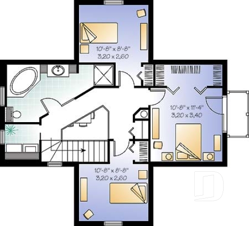 Étage - Plan de chalet, chambre des parents avec walk-in et balcon, gros foyer central, ouvert, abri moustiquaire - Francavilla