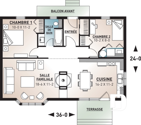 Rez-de-chaussée - Plan pour camp de pêche ou chasse 2 chambres, micro chalet micro maison économique, 8 personnes - Achigan
