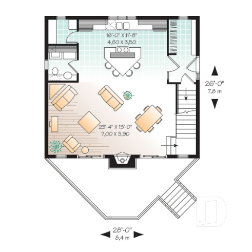 Rez-de-chaussée - Plan de petit chalet, grande suite des maîtres, aire ouverte, mezzanine, sous-sol aménageable - Larchmont
