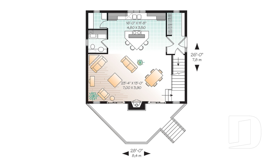 Rez-de-chaussée - Plan de petit chalet, grande suite des maîtres, aire ouverte, mezzanine, sous-sol aménageable - Larchmont