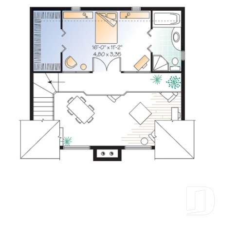 Étage - Plan de cottage d'une chambre en mezzanine, cuisine avec îlot et garde-manger, vestiaire - Larchmont 2