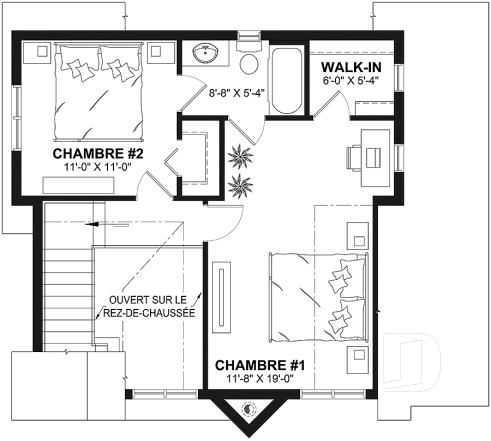 Étage - Plan de maison / chalet rustique, grand vestiaire, grand salon, 2 chambres, 2 s.bain, mezzanine - Stonemason