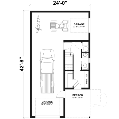 Rez-de-chaussée - Plan de garage avec appartement de 2 chambres à l'étage + balcon avec abri moustiquaire - Murphy