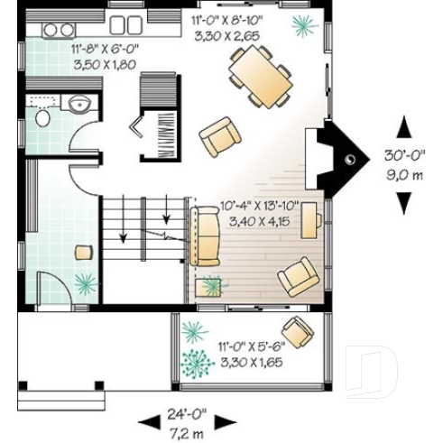 Rez-de-chaussée - Plan maison à étage, 2 chambres, 2 salles de bain, vestiaire, foyer, beau cachet - Gaudry