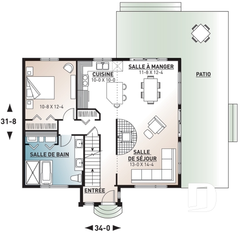 Rez-de-chaussée - Plan de chalet 3 chambres, très fenestré, foyer, mezzanine, plafond cathédrale, tout en lumière - Ataglance
